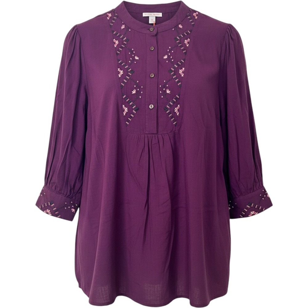 NWT Knox Rose Purple Embroidered Tunic Blouse XL Boho 3/4 Sleeve Button Front